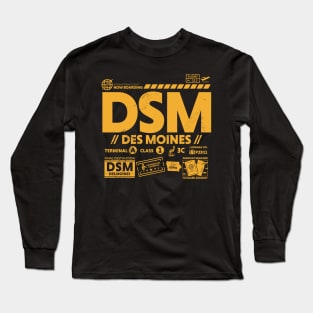 Vintage Des Moines DSM Airport Code Travel Day Retro Travel Tag Iowa Long Sleeve T-Shirt